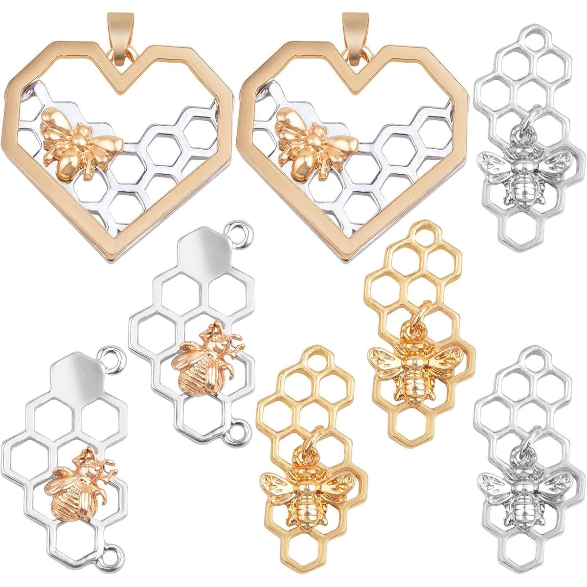 8pcs 4 Styles Honey Comb Bee Charms Alloy Honeybee Honeycomb Pendants Hollow Flying Animal Dangle Charms Ornaments for DIY Bracelet Necklace Keychains Craft Supplies