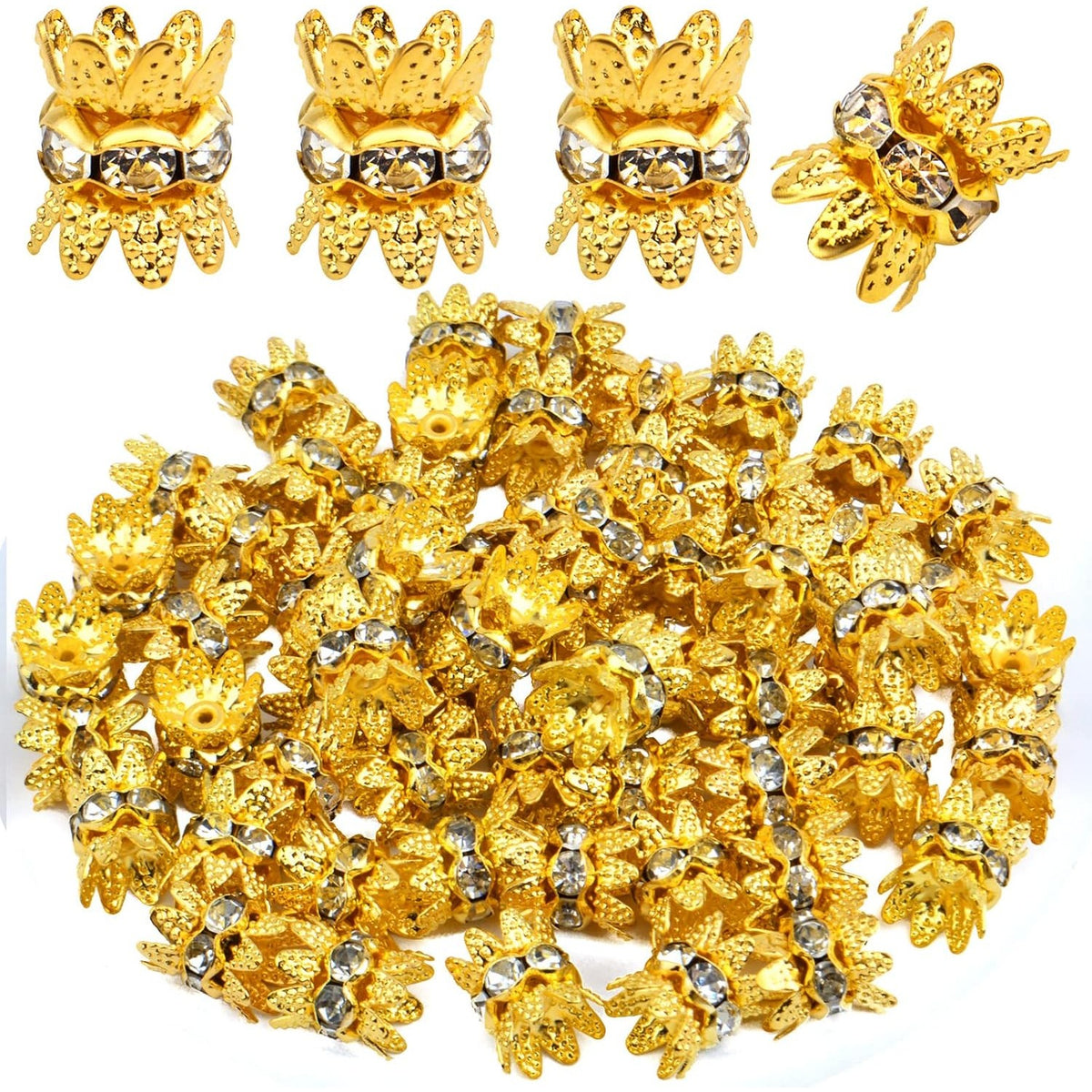 60PCS Double Flower Beads Caps with Rhinestone Petal Brass Bead Spacer Flower Caps Jewelry Making Accessories for Bracelet Necklace Earring