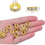 100pcs 10 mm Golden Plated Rhinestone Spacer Beads Large Hole European Rondelle Beads Round Shiny Crystal Loose Beads for DIY Bracelet Necklace Jewelry Making