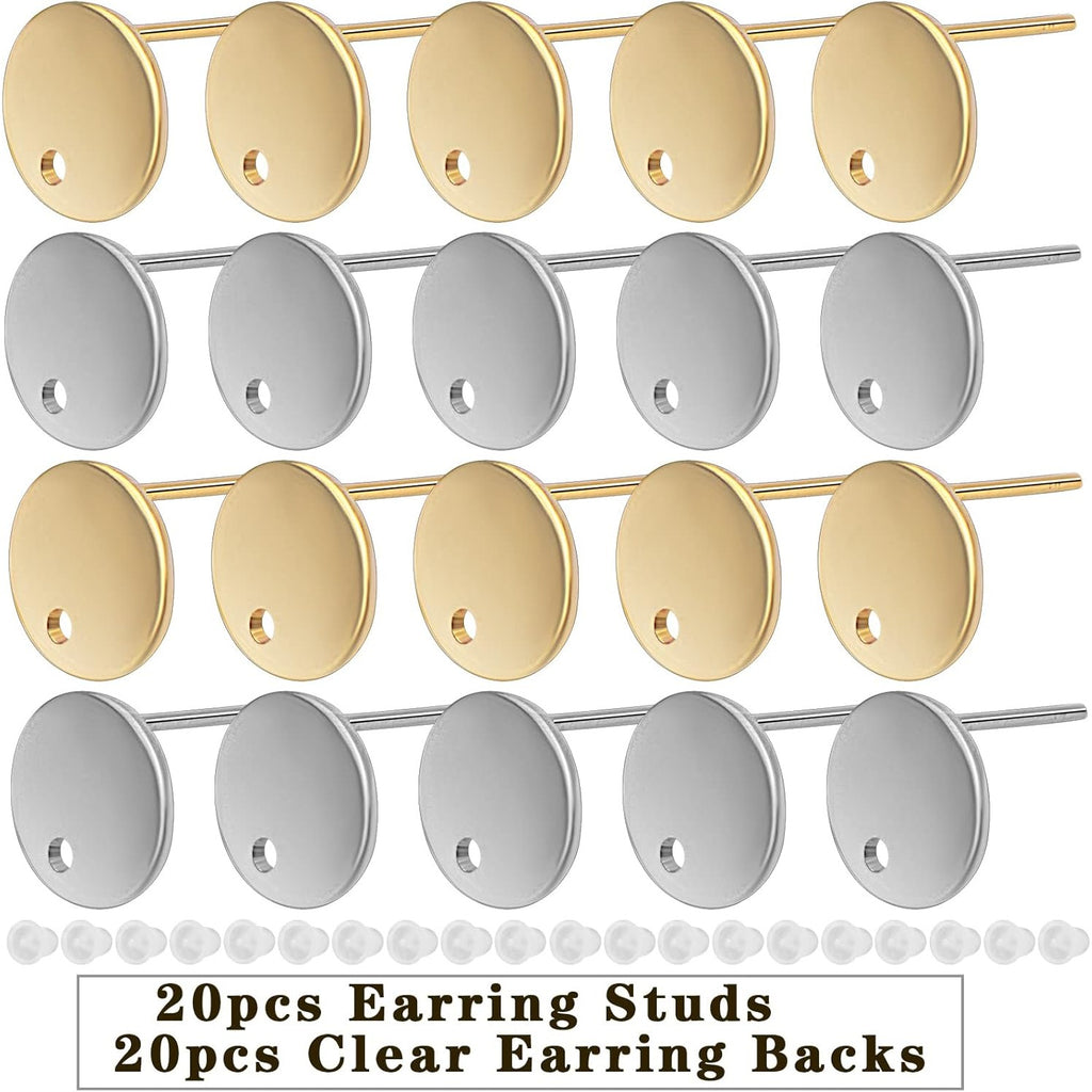 20pcs Stainless Steel Round Earring Studs Hypoallergenic Flat Earring Post with Loop and 20pcs Clear Earring Backs Stoppers for Jewelry Making, 2 Colors