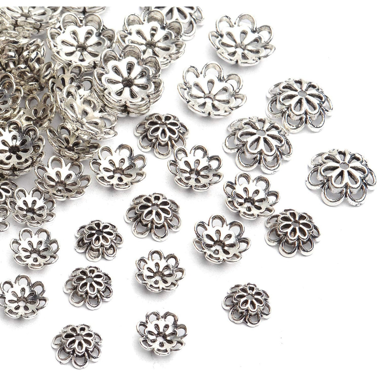 Hollow Double Flower Bead Caps - 120pcs Alloy Spacers for Jewelry Making, DIY Crafts, Bracelets, Necklaces - Antique Silver, 10mm, 12mm, 15mm