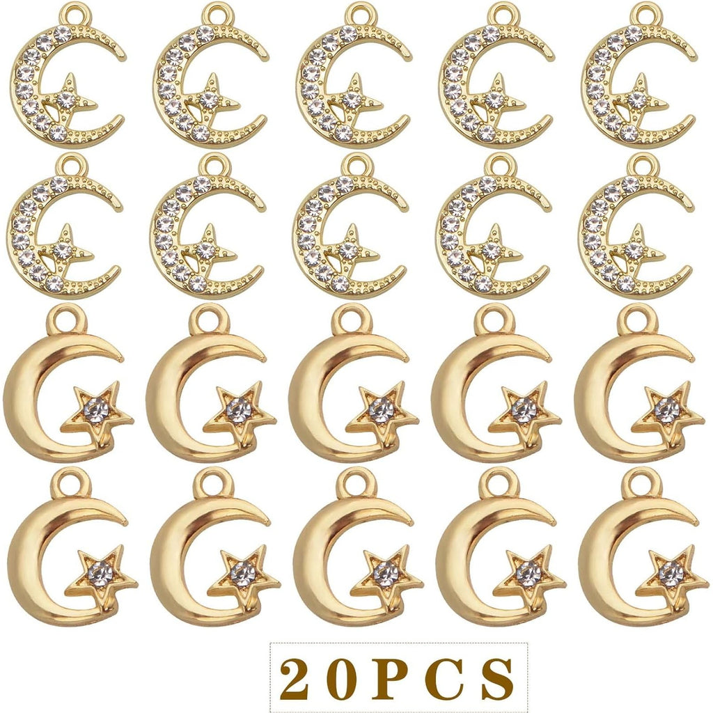 20pcs Golden Crescent Moon Star Charms Alloy Celestial Dangle Pendants with Shiny Rhinestone Craft Supplies for DIY Earring Bracelet Necklace Jewelry Making, 2 Styles