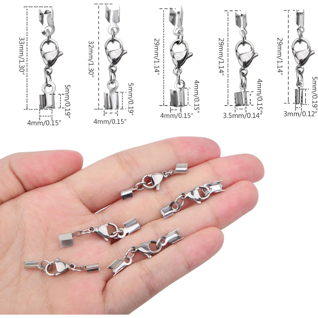 20pcs Lobster Claw Clasps with Cord Ends Stainless Steel Leather Fold Over Necklace Cord End Caps Connector with a Plastic Box for DIY Bracelets Chokers Jewelry Making, 5 Sizes