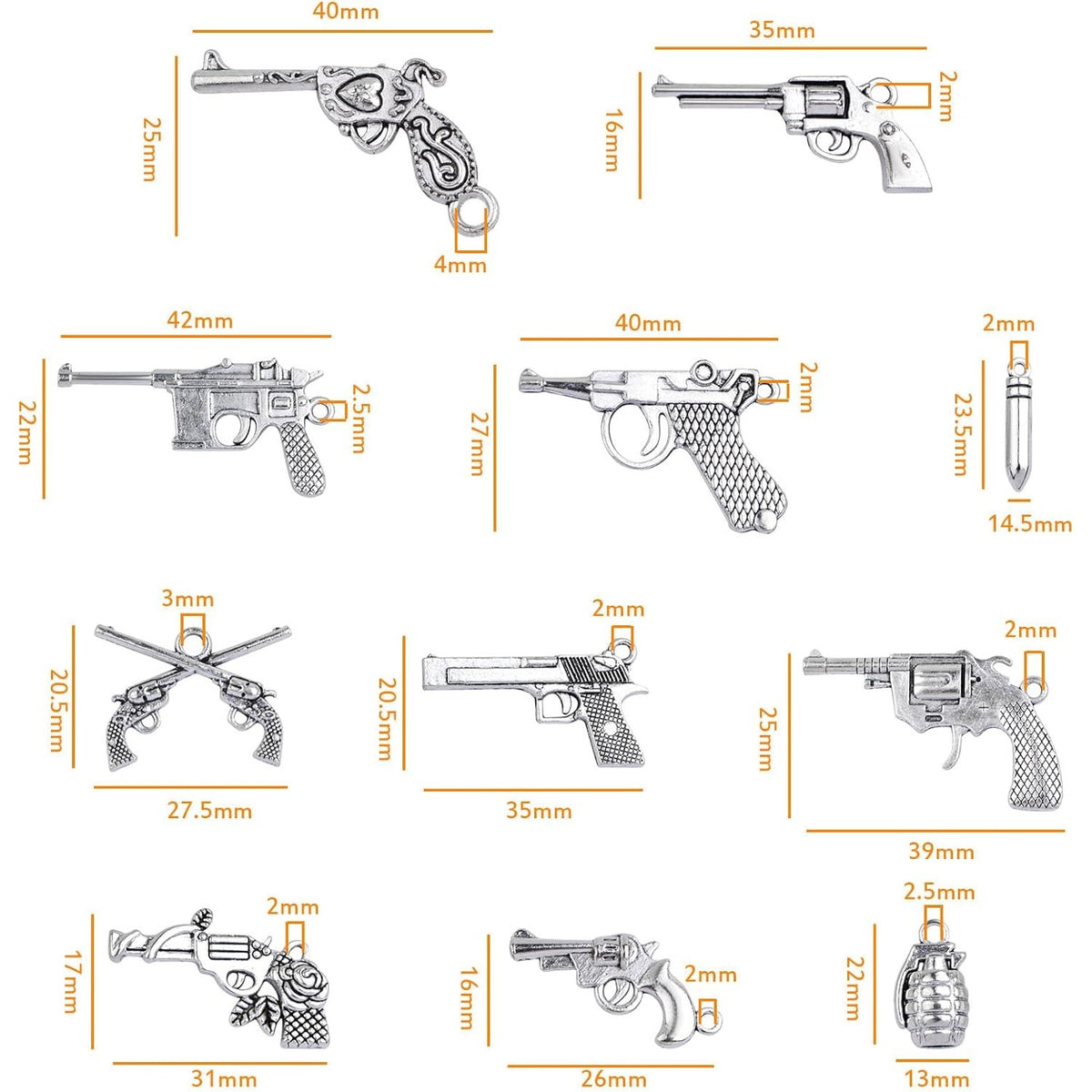 Gun Charms Collection, 100 Gram Antique Silver Mixed Pistol Gun Weapon Bullet Pendant Charms with a Box for DIY Necklace Bracelet Keychains Jewelry Making Supplies