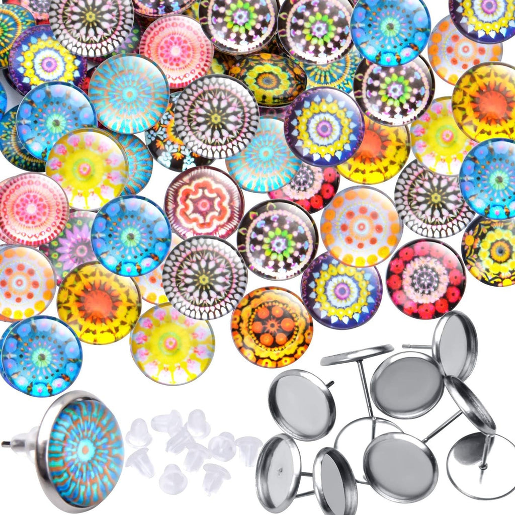 Printed Glass Cabochons, 50pcs 18 Styles Kaleidoscope Pattern Flatback Glass Dome Cabochons Gems (12mm) with 10pcs Silver Stud Earring Blanks and 10pcs Clear Earring Backs for Jewelry Making