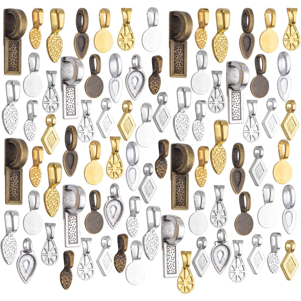 80pcs Glue on Bails Mixed Pendant Bails Glass Cabochon Tiles Pendants for Jewelry Making Necklace,20 Styles