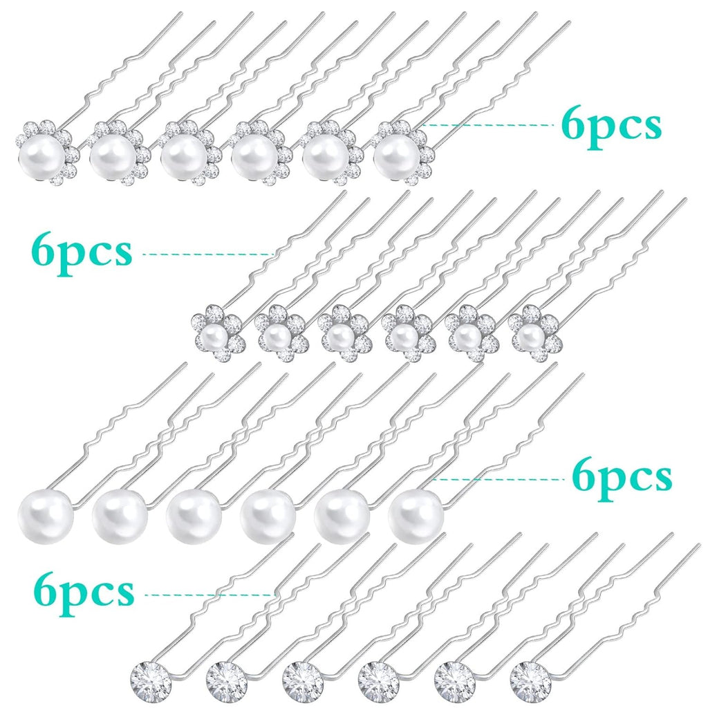24pcs Silver Pearl Hair Pins Headpiece Metal U-shaped Rhinestone Flower Embellished Bobby Pins Bridal Hair Accessories for Women Girls Bride Bridesmaid Wedding, 4 Styles