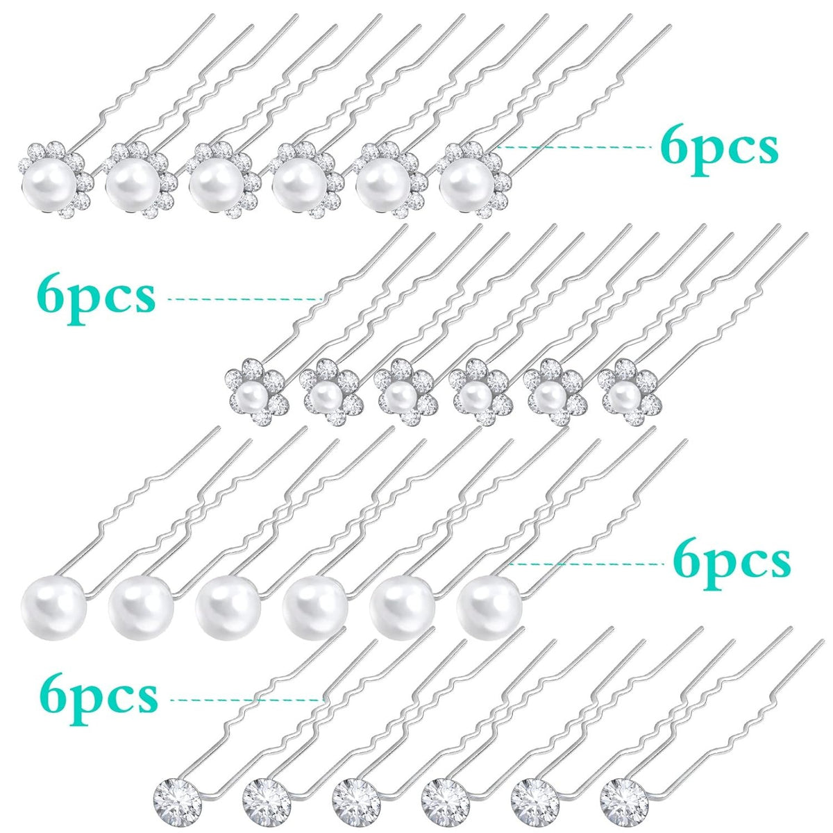 24pcs Silver Pearl Hair Pins Headpiece Metal U-shaped Rhinestone Flower Embellished Bobby Pins Bridal Hair Accessories for Women Girls Bride Bridesmaid Wedding, 4 Styles