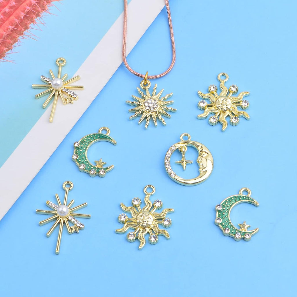 20pcs KC Golden Plated Enamel Crescent Moon Star Charms with Rhinestone Alloy Crystal Celestial Moon Dangle Pendants for DIY Necklaces Earrings Jewelry Making Decor, 5 Styles