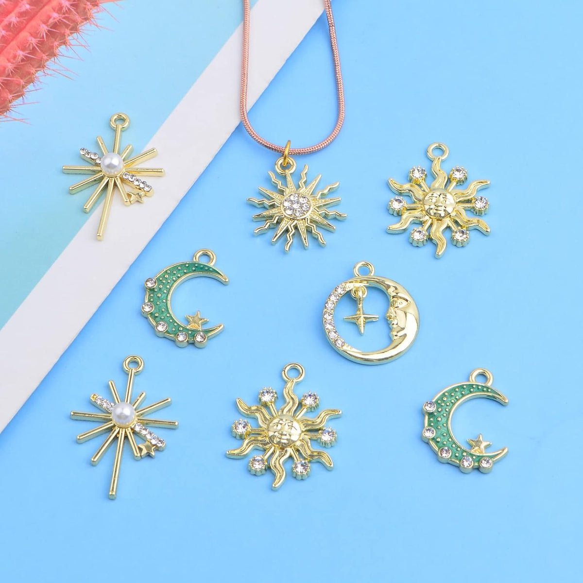 20pcs KC Golden Plated Enamel Crescent Moon Star Charms with Rhinestone Alloy Crystal Celestial Moon Dangle Pendants for DIY Necklaces Earrings Jewelry Making Decor, 5 Styles