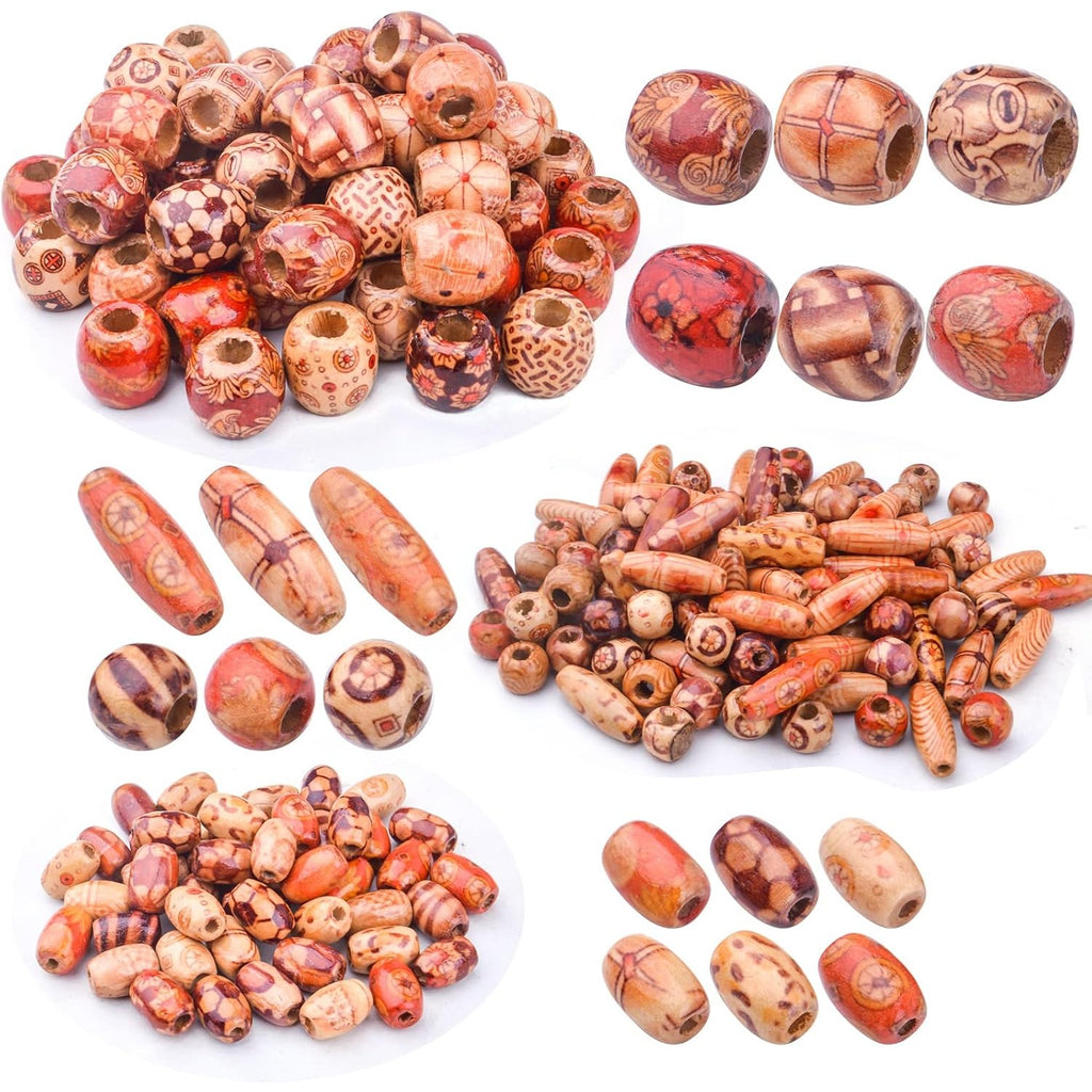 200pcs Natural Printed Wooden Beads Round Barrel Oval Macrame Beads Loose Wood Spacer Beads Jewelry Making Accessories for DIY Craft Bracelet Necklace Handmade Decoration, 4 Sizes