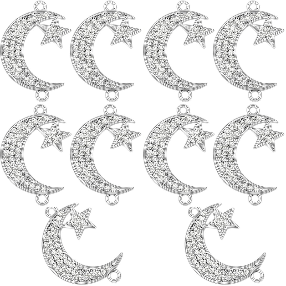 10 Pieces Crescent Moon and Star Charms Connectors with Rhinestone Alloy Moon Dangle Pendants with Double Loops for DIY Necklace Earrings Jewelry Making Supplies, 2 Colors