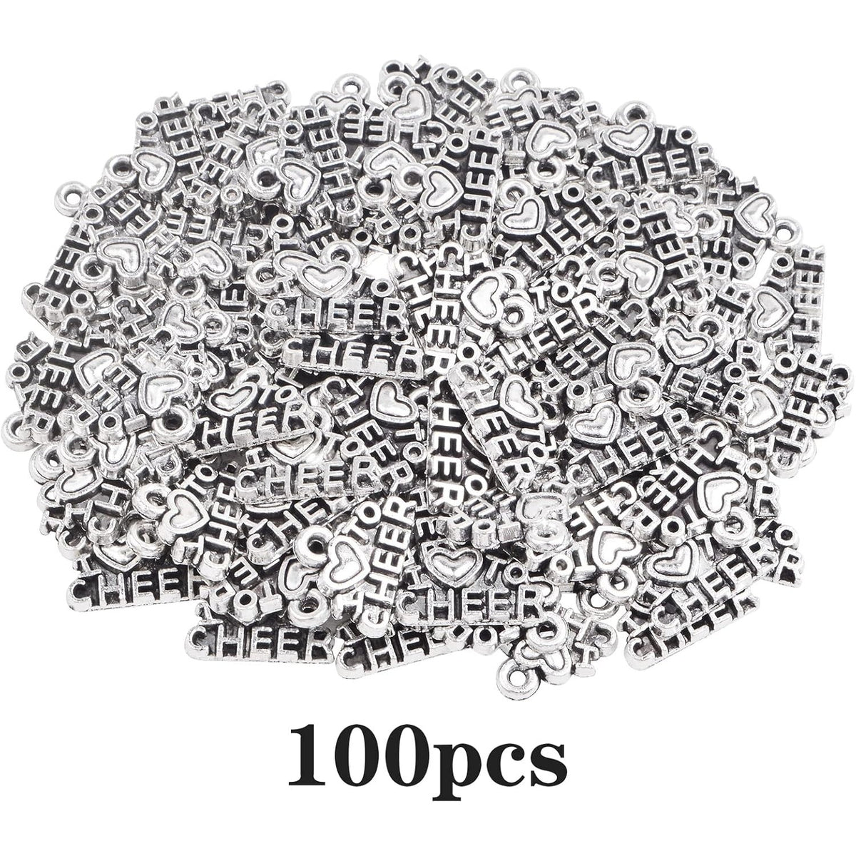 100pcs Antique Silver I Love to Cheer Charms Vintage Alloy Love Cheer Pendants Sport Cheerleader Dangle Charms for DIY Necklace Bracelet Jewelry Supplies Cheerleading Gifts