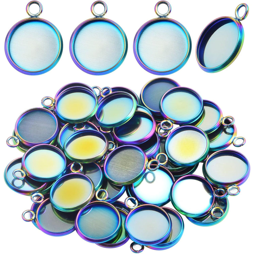 50 Pieces Stainless Steel Pendant Trays Cabochon Settings Fit 12 mm Round Blank Bezel Trays Pendant for DIY Necklace Earrings Jewelry Craft Making, Rainbow Color