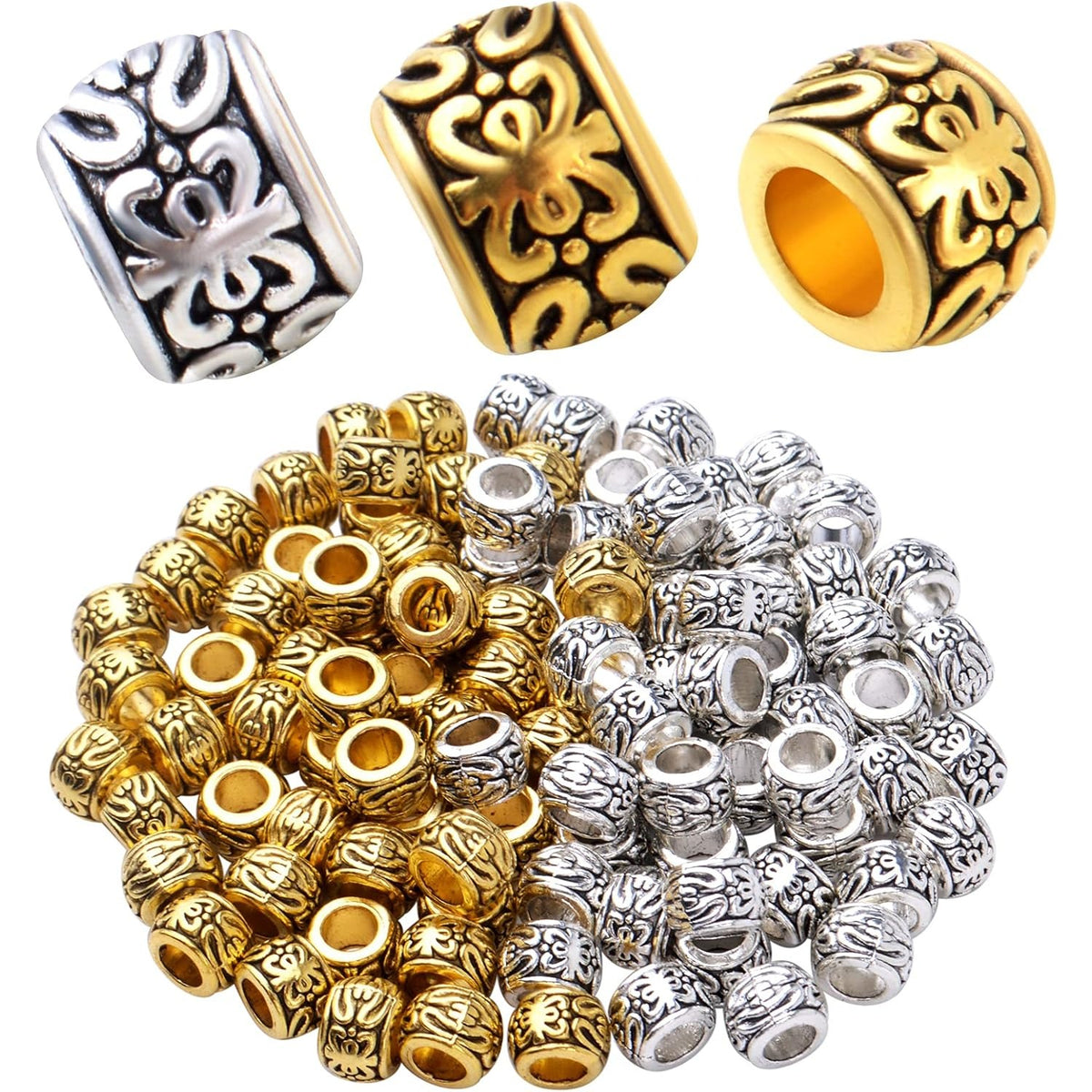 100pcs Barrel Spacer Beads European Large Hole Beads Tibetan Alloy Column Loose Charm Beads with Exotic Patterns for DIY Bracelet Crafts Jewelry Making Supplies, 2 Colors, Hole: 4 mm