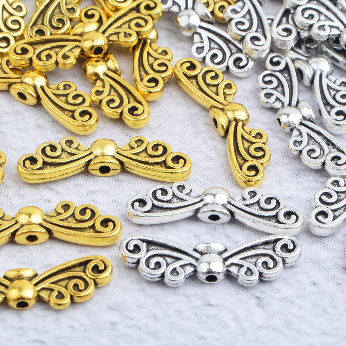 100pcs Antique Angel Wing Spacer Beads Tibetan Alloy Butterfly Fairy Wing Charm Beads Accessories for DIY Jewelry Making Christmas Wedding Decoration, 2 Colors