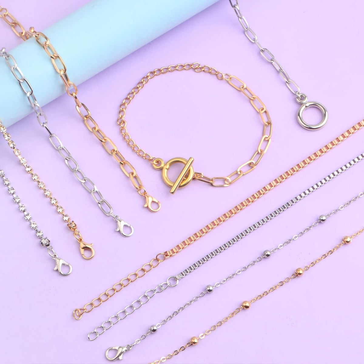 10pcs Adjustable Bracelet Chains with OT Toggle Clasp Lobster Clasps Alloy Bracelet Links with Rhinestone Extender Chains for Women DIY Jewelry Making Craft Supplies, 5 Styles