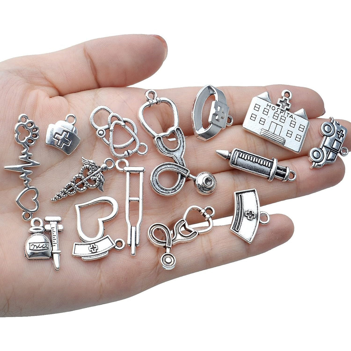 100g Crafts Supplies Antique Silver Medical Charms Alloy Hospital Charms Stethoscope Syringe Nurse Cap Hat Microscope Charm Pendants for Bracelet Necklace DIY Jewelry Making