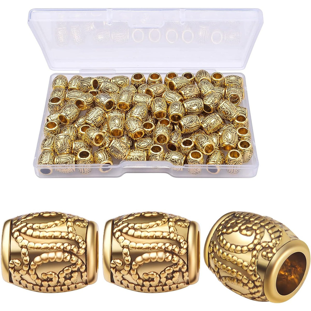 100pcs Antique Silver Oval Spacer Beads Alloy European Large Hole Loose Beads with A Plastic Box for DIY Bracelet Jewelry Making Handmade Decor, Hole: 4.3 mm