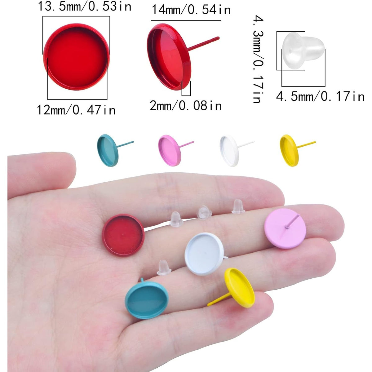 50 Pieces Blank Stud Earring Bezel Post Cup Round Cabochon Settings and 50 Pieces Earring Safety Backs for DIY Earrings Jewelry Making Fingdings, 5 Colors