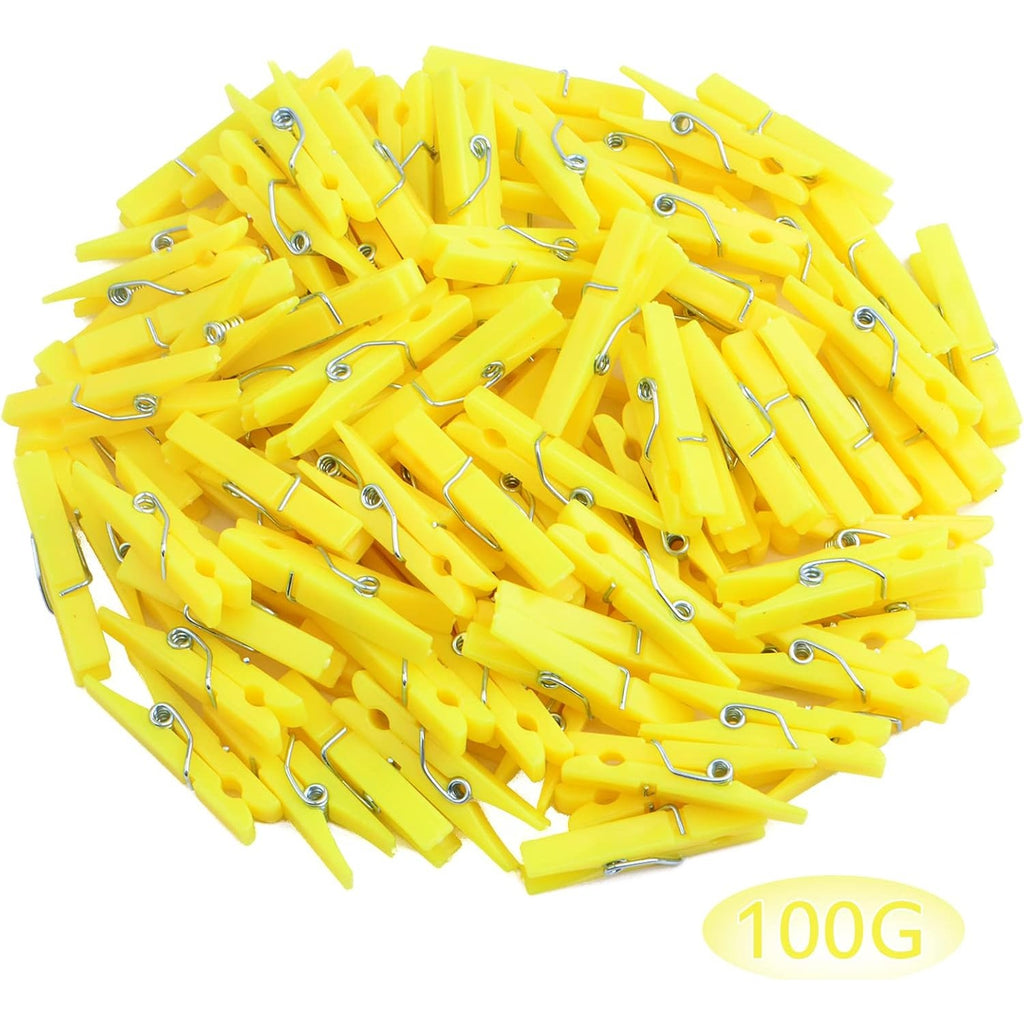 100 Pieces Mini Plastic Clothespins Sturdy Photo Paper Clips Decorative Craft Clips for Hanging Picture Arts Scrapbooking Home Wedding Decor, Yellow