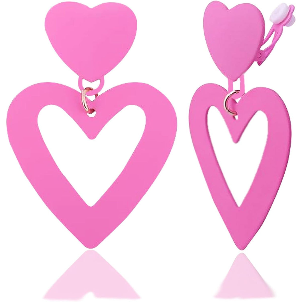 2pcs Clip on Pink Heart Earrings for Women, Double Love Heart Non-Pierced Drop Dangle Earring Clips Jewelry Mother's Day Gifts for Birthday Christmas Wedding Party Prom