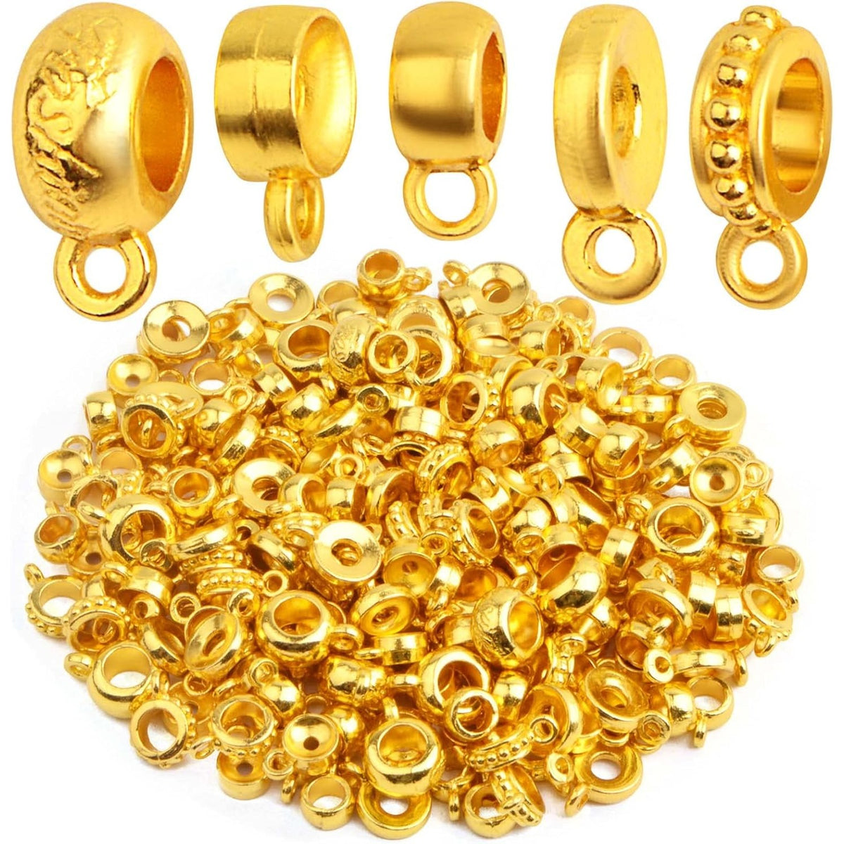 100 Gram Bright Golden Bail Tube Beads Mixed Alloy Bail Beads Connectors Rondelle Spacer Bead Hanger Links for DIY European Bracelet Pendant Jewelry Making, 5 Styles