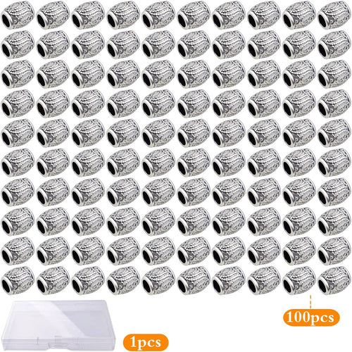 100pcs Antique Silver Oval Spacer Beads Alloy European Large Hole Loose Beads with A Plastic Box for DIY Bracelet Jewelry Making Handmade Decor, Hole: 4.3 mm