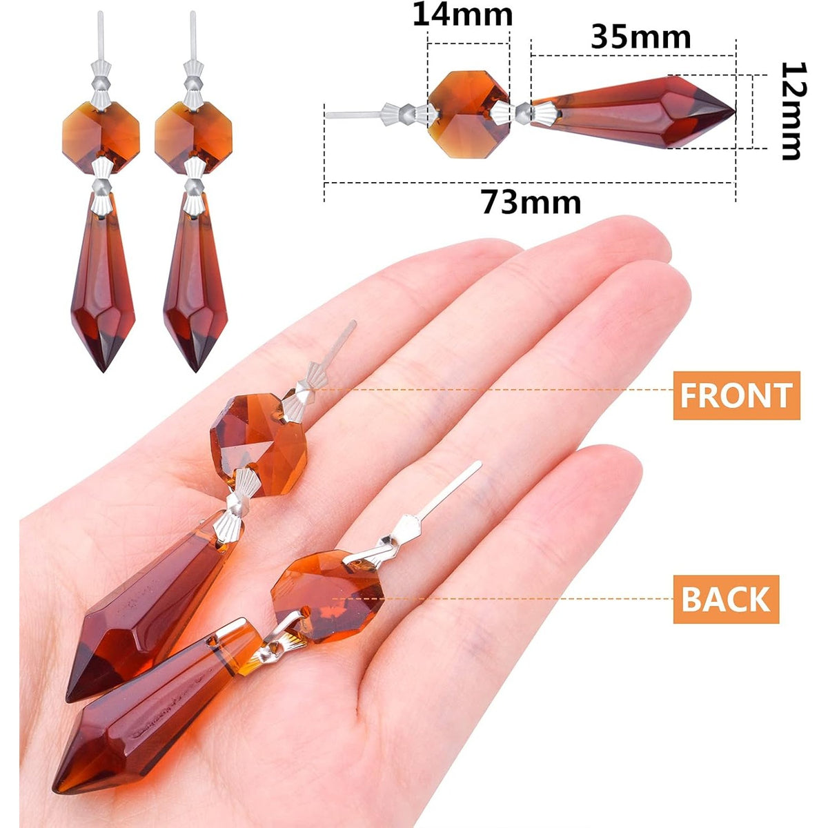 20pcs Crystal Icicle Prisms Chandelier Replacement Drop Pendants Octagon Crystal Glass Tip Beads for Wedding Christmas Curtain Lamp Decoration, Amber, 35 mm