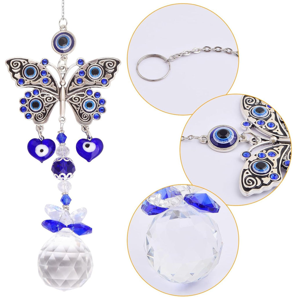1pcs Blue Evil Eye Suncatcher Butterfly Hanging Crystal Ornament Protection Charm Prism Pendant Sun Catcher Car Ornaments Accessories for Home Office Garden Window Wall Decor