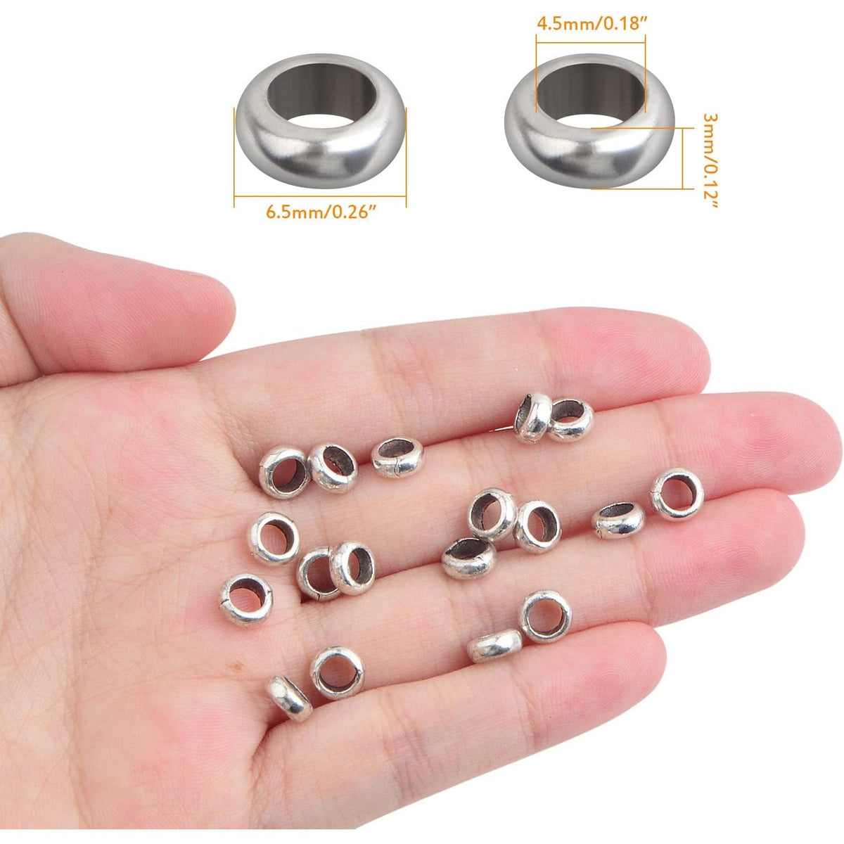 200pcs Antique Silver Large Hole Round Spacer Beads Tibetan Alloy Rondelle Spacer Beads Tiny Smooth Loose Beads for DIY Bracelet Necklace Jewelry Craft Making, Hole: 4.5 mm