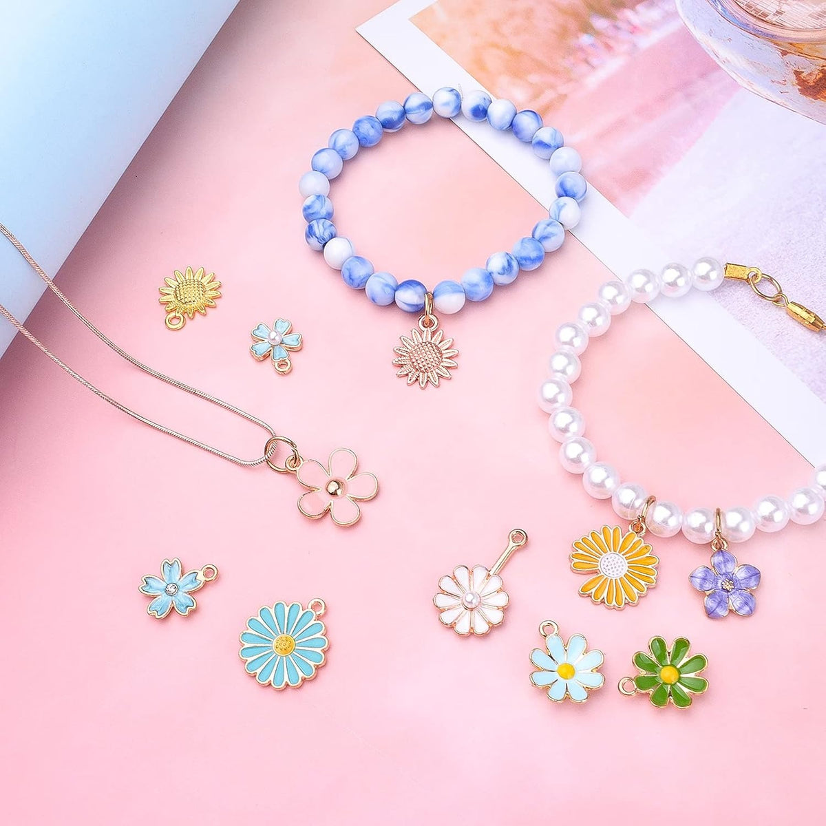 60pcs Mixed Enamel Flower Charms Alloy Sunflower Rose Flower Pendants Sweet Dangle Charms Jewelry Making Accessories for DIY Necklace Bracelet Earring Craft Supplies