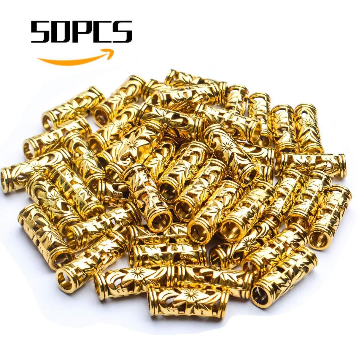 Bail Beads, 50pcs Curved Tube Spacer Beads - Antique Alloy, Golden, 22 x 8 mm, Hole: 5mm
