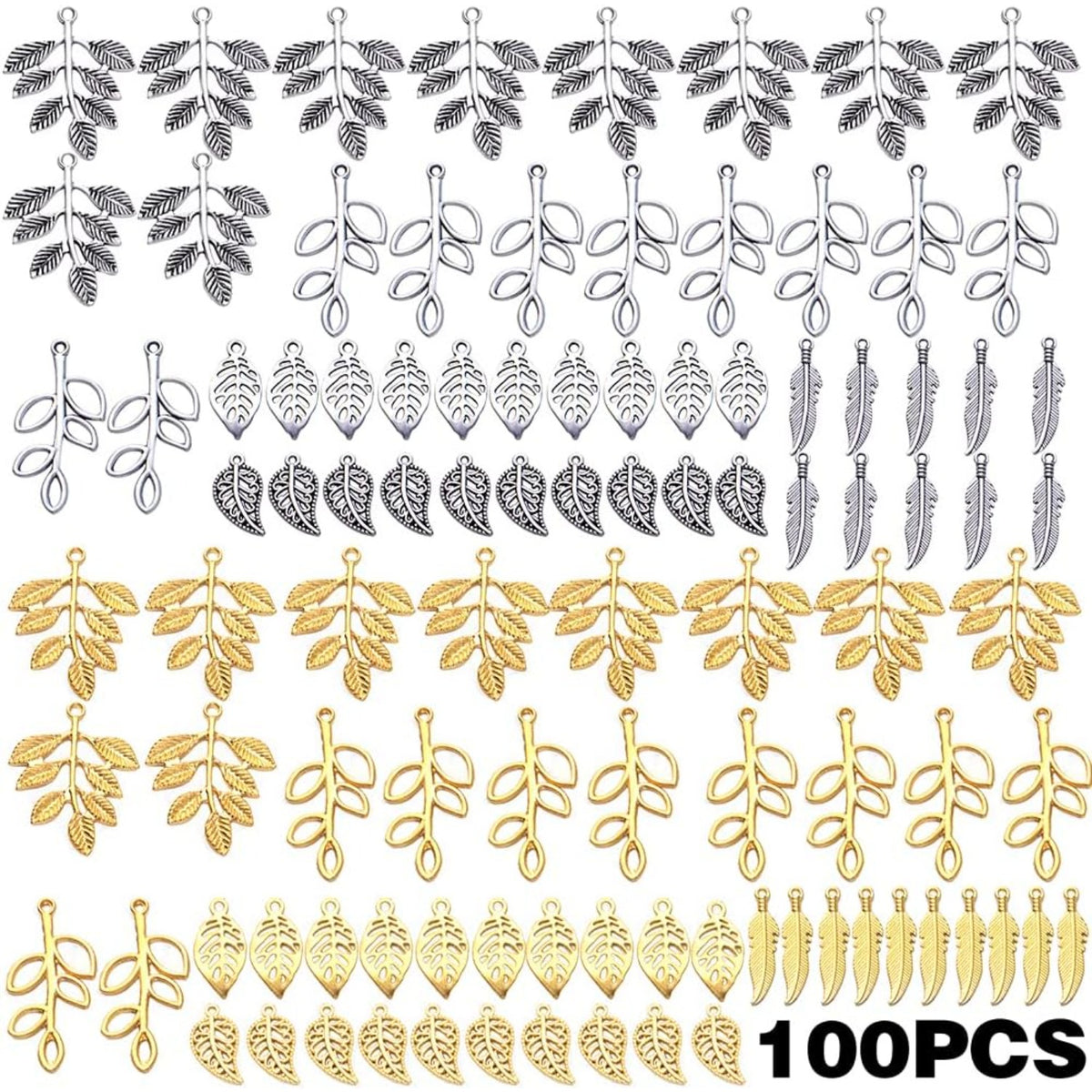 100pcs 5 Styles Tree Leaf Charms Tibetan Alloy Leaves Branch Pendants Vintage Dangle Charms for DIY Earring Necklace Keychains Jewelry Making Accessory, Gold and Antique Silver
