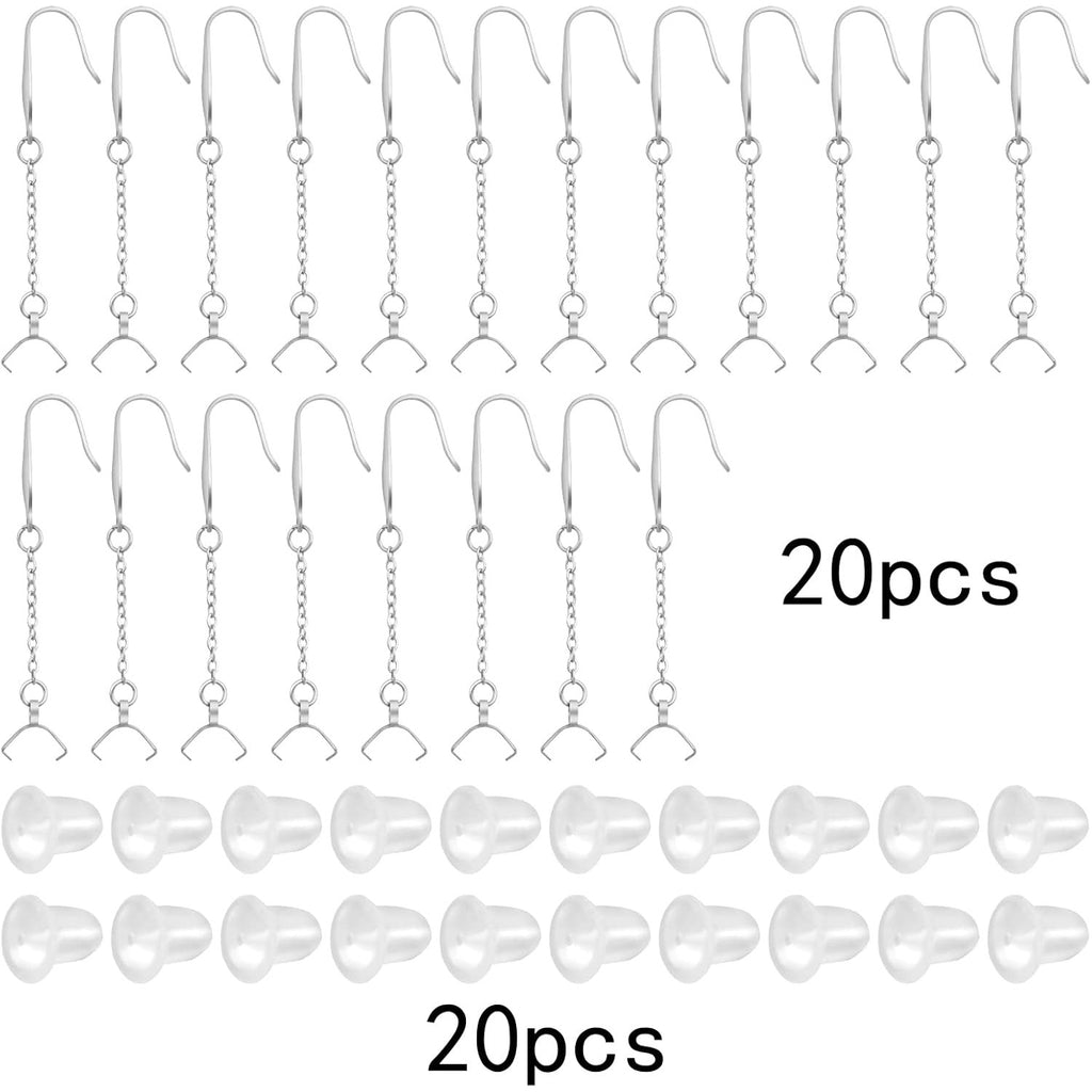 20pcs Stainless Steel French Earring Hooks Hypoallergenic Ear Wire Hooks with Chains Pinch Clasps and 20pcs Silicone Earring Backs for DIY Jewelry Making Supplies