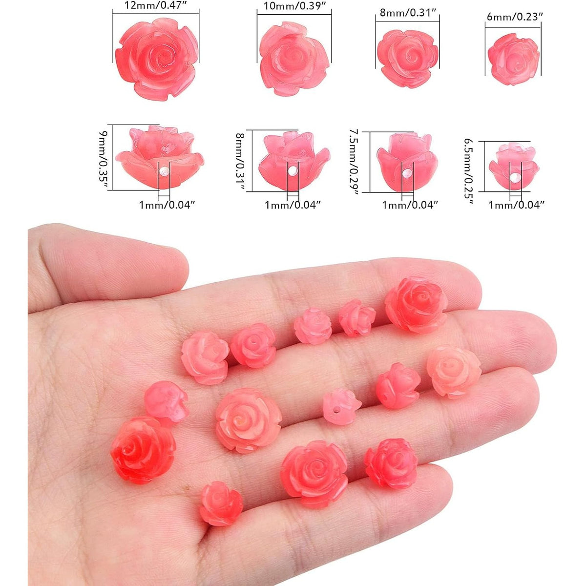 40pcs Shell Carved Rose Flower Beads Pink Rose Spacer Beads Flower Loose Beads Embellishments with a Box for DIY Crafts Scrapbooking Jewelry Making,4 Sizes