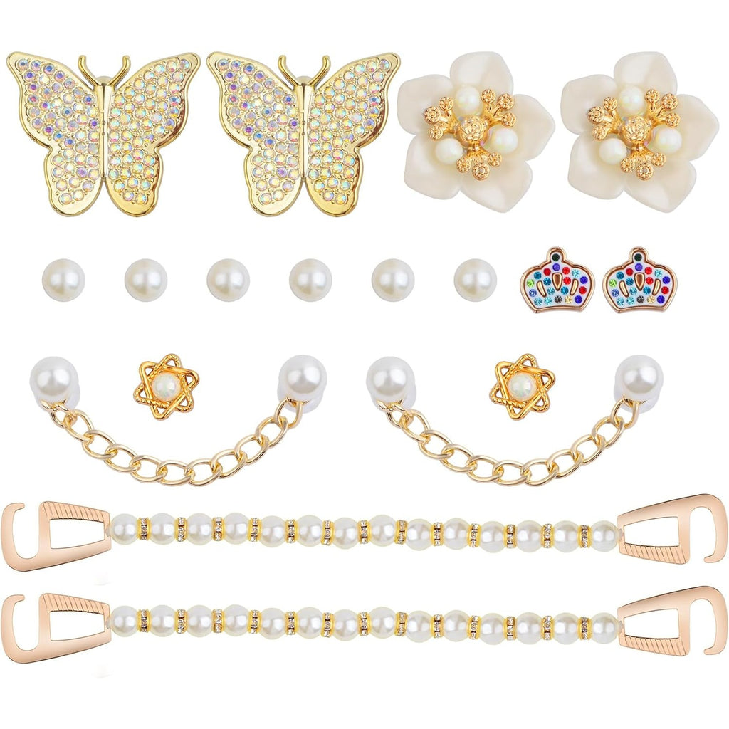1 Pack of Mixed Bling Shoe Charms Pearl Chain Buckle Flower Butterfly Ornaments and 1 Pair of Pearls Shoe Chains, Clog Slippers Shoes Decorations for Women Party Birthday Gifts