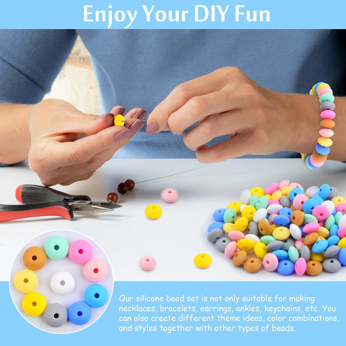 100pcs 12 mm Soft Silicone Abacus Beads Rubber Lentil Shaped Spacer Beads Round Saucer Loose Beads for DIY Bracelets Keychains Jewelry Making Supplies, 10 Colors