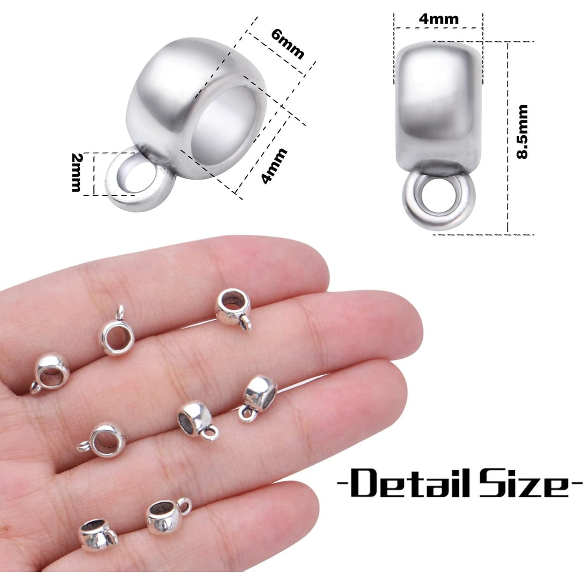 100pcs Antique Silver Bail Tube Beads Tibetan Alloy Tube Spacer Beads Vintage Hanger Dangle Connector Links for DIY European Charm Bracelet Jewelry Making Accessories