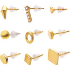 Stainless Steel Earring Studs Set,18 Pairs Gold Plated Earring Pin Studs Geometry Round Ball Cone Earring Post Studs with Clear Bullet Earring Backs for Women Men Ear Studs
