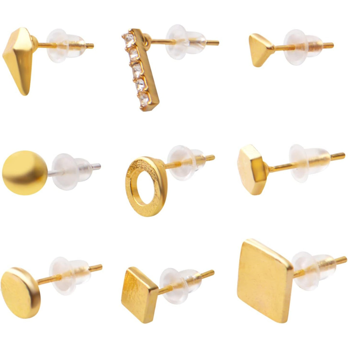 Stainless Steel Earring Studs Set,18 Pairs Gold Plated Earring Pin Studs Geometry Round Ball Cone Earring Post Studs with Clear Bullet Earring Backs for Women Men Ear Studs