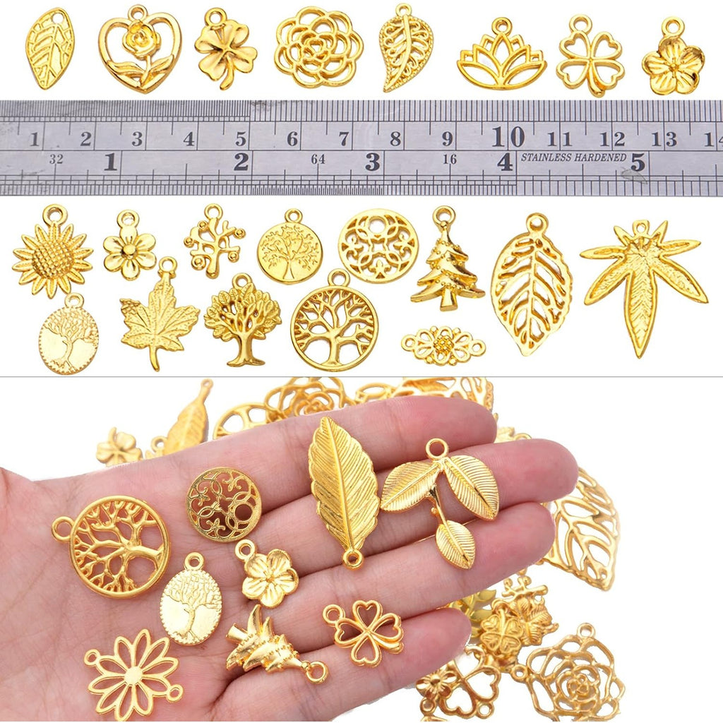 60pcs Gold Plated Leaves Flowers Charms Tree of Life Pendants Charm Alloy Vintage Hollow Charms Jewelry Making Accessory for DIY Necklace Bracelet Earrings Crafts Supplies, 30 Styles