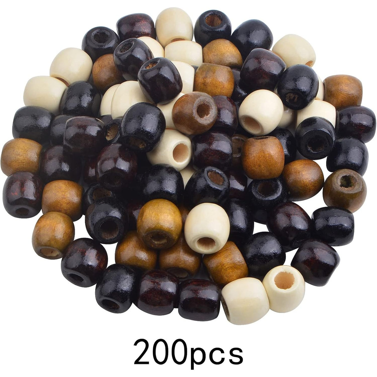 200pcs 4 Colors Large Hole Barrel Wood Beads Natural Wooden Dreadlock Hair Braid Beads European Loose Beads for DIY Macrame Garland Jewelry Craft Making Handmade Decor