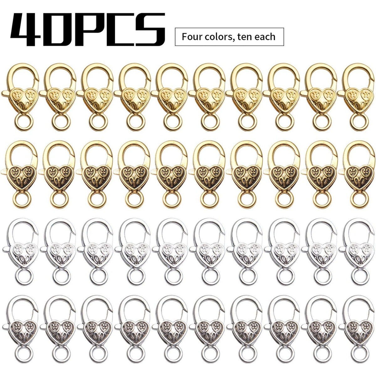 Tibetan Alloy Lobster Claw Clasps, 40pcs - Vintage Antique Heart Shaped Hooks for Jewelry Making, 4 Colors, 26x14mm