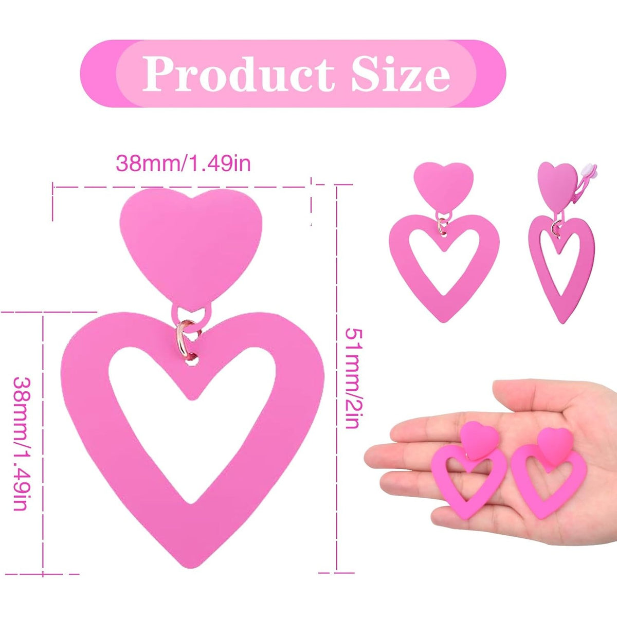 2pcs Clip on Pink Heart Earrings for Women, Double Love Heart Non-Pierced Drop Dangle Earring Clips Jewelry Mother's Day Gifts for Birthday Christmas Wedding Party Prom