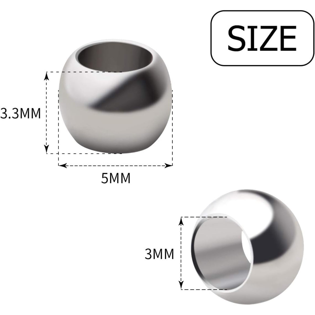 100pcs Round Spacer Beads 304 Stainless Steel Seamless Smooth Rondelle Spacers Loose Beads for DIY Bracelet Necklace Jewelry Making Crafting(5×3.3mm, Hole: 3mm)