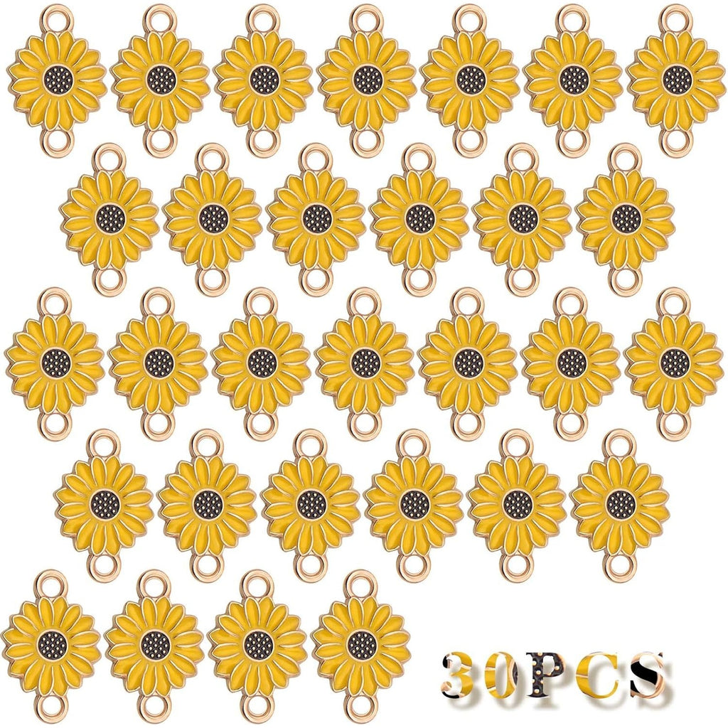 30pcs Enamel Flower Charms Connectors Links Yellow Alloy Floral Sunflower Daisy Flower Dangle Pendants with Double Loops for DIY Bracelet Earring Necklace Jewelry Making