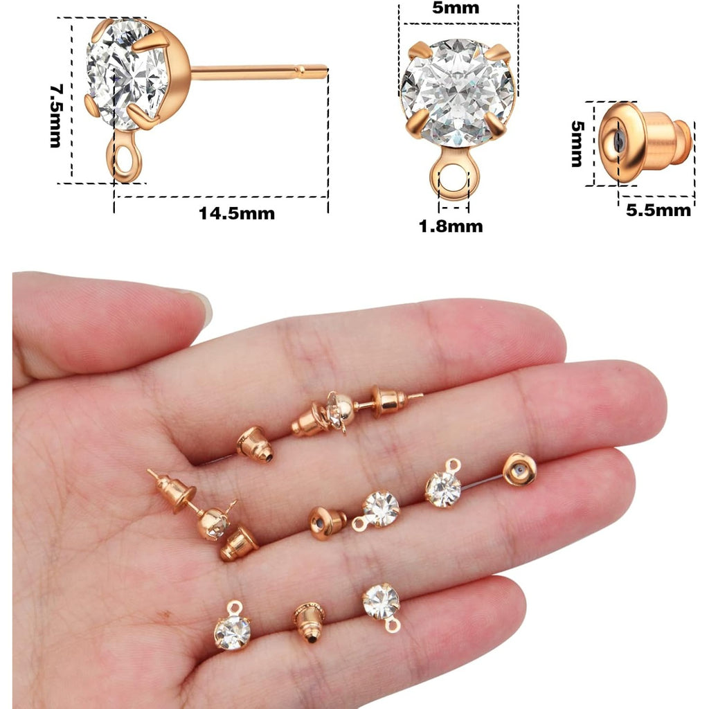 50pcs Rhinestone Earring Studs Hypoallergenic Crystal Earring Posts with Loop and 50pcs Bullet Earring Stoppers Replacement for DIY Jewelry Making(KC Golden)
