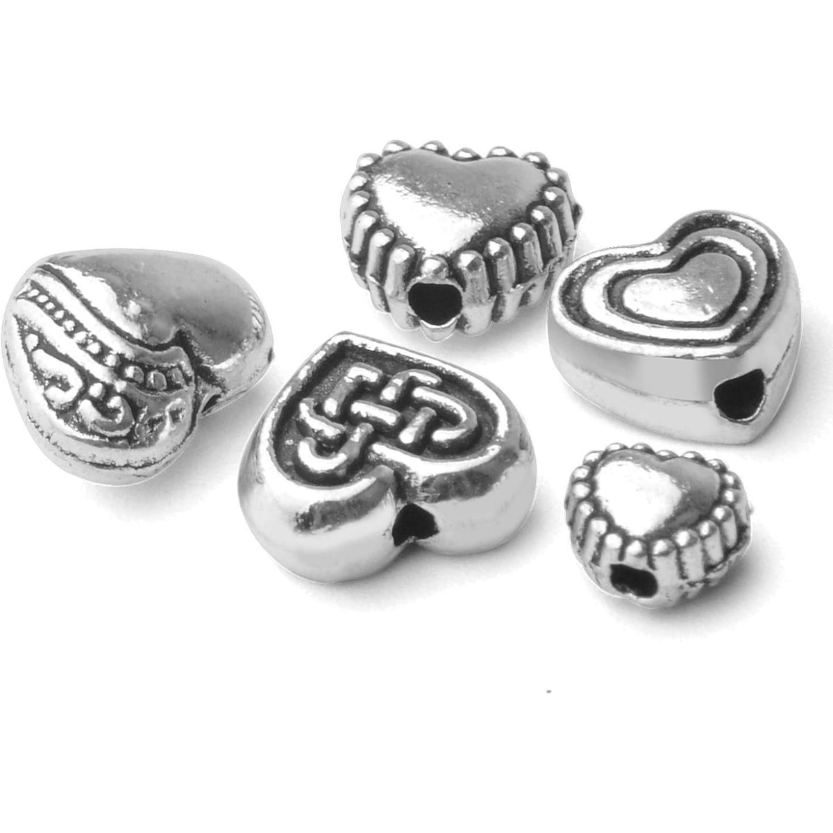 140pcs Antique Silver Heart Shape Spacers Alloy European Style Heart Beads Charms Spacer Bead Jewelry Heart Charms for DIY Bracelet Jewelry Making, 5 Sizes