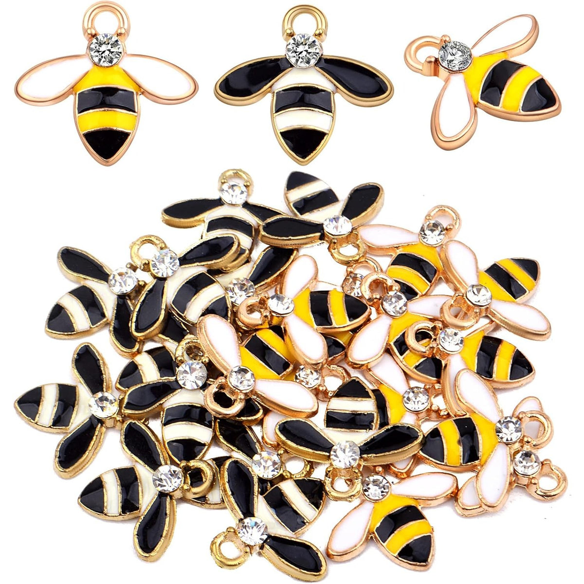24pcs Alloy Enamel Bee Charms Cute Animal Honeybee Insect Pendant Charms with Rhinestone for DIY Necklace Bracelet Earrings Jewelry Making Decor, Yellow and White